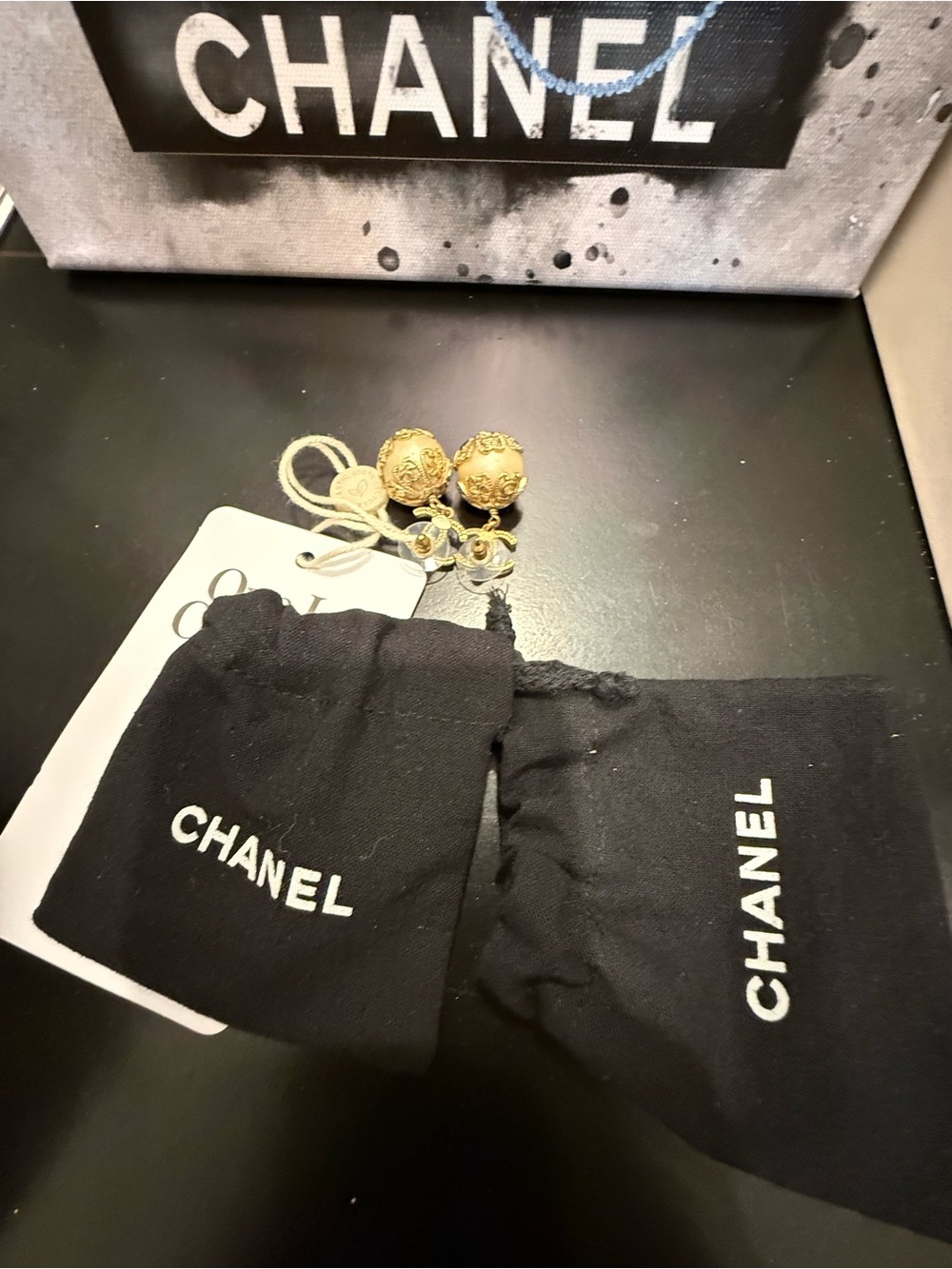 CHANEL Gold Tone Filigree CC Drop Earrings with Ivory Pearl - Picture 6 of 7